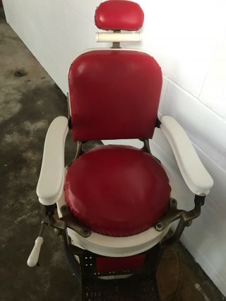 Vintage 1920s Emil J.  Paidar Barber Chair,  red reupholstered,  hydraulic lift wor 3