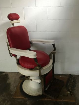 Vintage 1920s Emil J.  Paidar Barber Chair,  red reupholstered,  hydraulic lift wor 4