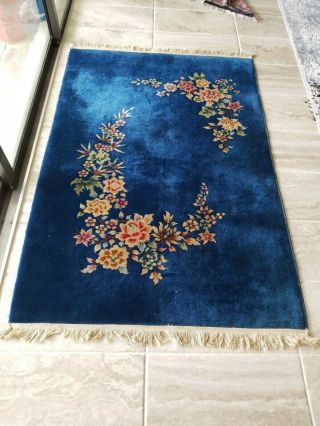 4 ' X 6 ' Hand Made Art Deco Chinese Rug Wool Imperial Blue Floral Tropical 3