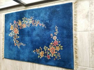4 ' X 6 ' Hand Made Art Deco Chinese Rug Wool Imperial Blue Floral Tropical 4