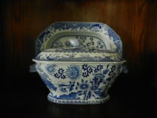 Antique Spode Stone China Soup Tureen & Platter Blue/white " Grasshopper " Ca 1815