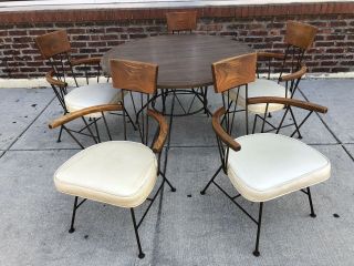 Wrought Iron Mid Century Modern Richard Mccarthy Selrite Walnut Chairs & Table