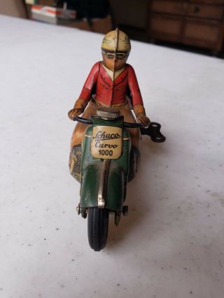 Rare Antique Schuco Curvo 1000 Green Tin Motorcycle Toy With Key 4