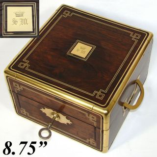 Antique French Rosewood & Brass 8.  75 " Jewelry,  Work Or Table Box,  Crown Monogram