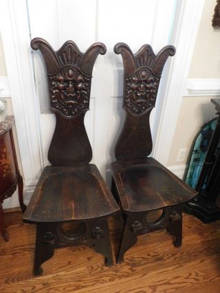 Matched Pair Victorian Dark Mahogany Jester Face Chairs 46 " H X 17 " D X 18 " W