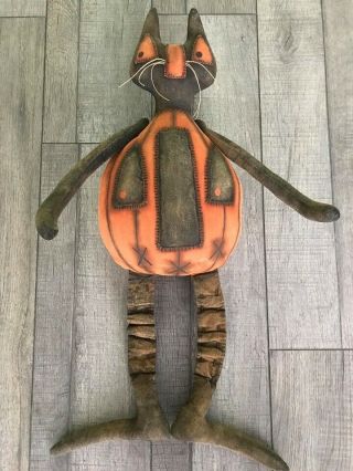 Primitive Handmade Cat O ' Lantern Door Greeter Doll Pumpkin 25” Tall Halloween 2