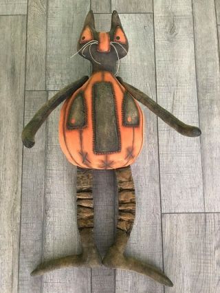 Primitive Handmade Cat O ' Lantern Door Greeter Doll Pumpkin 25” Tall Halloween 3