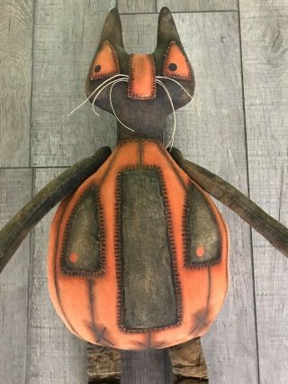 Primitive Handmade Cat O ' Lantern Door Greeter Doll Pumpkin 25” Tall Halloween 5