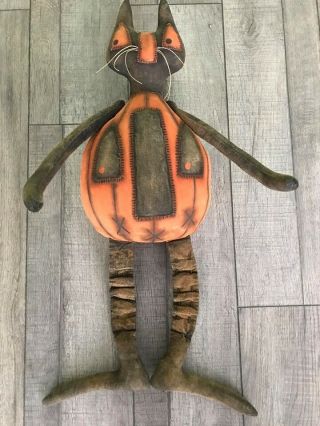Primitive Handmade Cat O ' Lantern Door Greeter Doll Pumpkin 25” Tall Halloween 6