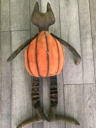Primitive Handmade Cat O ' Lantern Door Greeter Doll Pumpkin 25” Tall Halloween 7