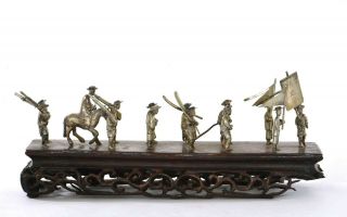 19c Chinese Sterling Silver Miniature Figurine Figure Army Procession Gun Horse