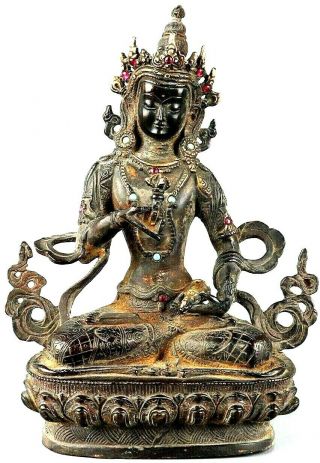 Rare 19th Century Antique Chinese Copper Buddha Figure With Gemstone Inlay