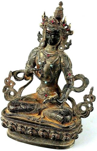 Rare 19th Century Antique Chinese Copper Buddha Figure With Gemstone Inlay 2