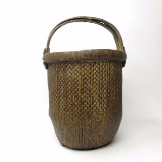 Vintage Old Chinese Woven Willow Rice Tall Gathering Basket W/ Handles