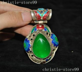 Old Chinese Dynasty Palace Silver Inlay Green Jade Gem Jewelry Amulet Pendant