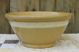 Antique 11 " Yellow Ware Bowl White Band Mustard Color Prim Look Glaze Neat