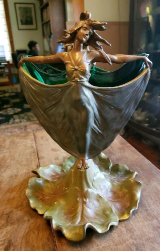 Antique Carlier Art Nouveau Double Dancing Women Brass Vase - Emerald Glass Liner