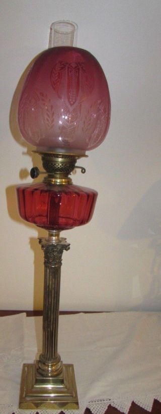 Corinthian Brass Pillar Oil Lamp Cranberry Ruby Font Etched Beehive Ruby Shade