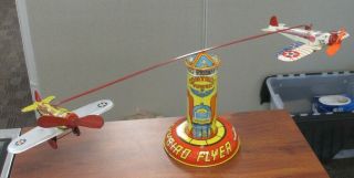 Vintage Marx Wind - Up Tin Litho Skybird Flyer Control Tower & Planes Toy