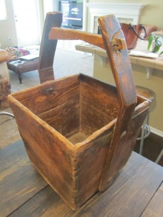 Primitive Well Rice Water Bucket Antique Vintage Dovetailed Wood Rustic Square