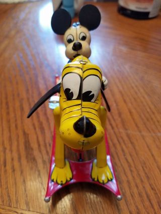 1950 ' s Disney Rocking Mickey Mouse On Pluto tin litho toy windup rare near 2