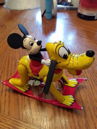 1950 ' s Disney Rocking Mickey Mouse On Pluto tin litho toy windup rare near 3
