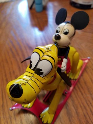 1950 ' s Disney Rocking Mickey Mouse On Pluto tin litho toy windup rare near 6