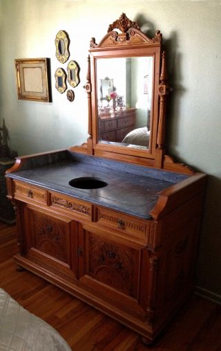 Antique Washstand_sink ready_marble top and mirror 2