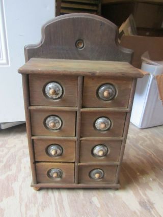 Antique Primitive Spice Cabinet Wood 8 Drawer Hanging Or Counter Tin Plate Knobs