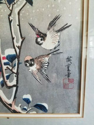 Japanese Woodblock Hiroshige Signed Framed Double Matted Sparrows Camellias 3