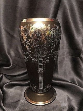 Antique Art Deco Style Large Black Satin Glass W Silver Overlay Vase 8.  2 " H