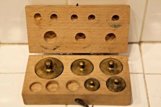 Antique Vintage Wooden Box Of Solid Brass Scale Weights
