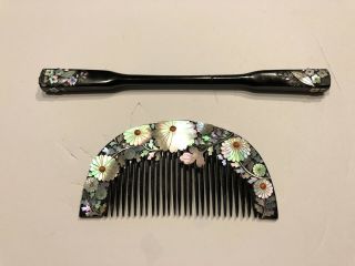Vintage Japanese Kanzashi Lacquered Wood & Mother Of Pearl Hair Comb & Pin