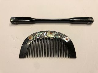 Vintage Japanese Kanzashi Lacquered Wood & Mother of Pearl Hair Comb & Pin 2