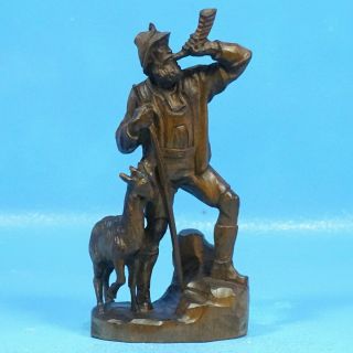 Antique Swiss Black Forest Wood Carving Statue Hunter Goat Ram Horn C1900 Brienz