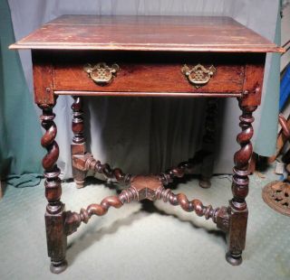 Antique 18th Century English Dark Oak Baroque Barley Twist Rope Table Drawer