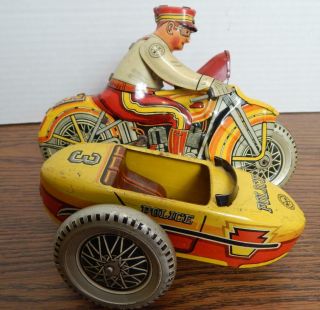 1940s Marx Toys Tin Lithographed Windup Police Motorcycle & Sidecar