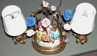 Antique French Porcelain Boudoir Lamp Lovers Couple Bench Doves Flowers Signed 2