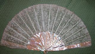Antique Victorian Handmade Needlepoint Lace Fan Circa 1870