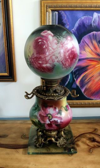 Exqusite Hand Painted Gone With The Wind Oil Lamp W/ Roses (gwtw Banquet Lamp)