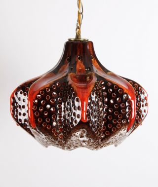 Mid Century Modern Danish Pierced Ceramic Fat Lava Drip Glaze Pendant Lamp