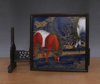 Old Chinese Rosewood Hand - Painting Screen W/two Horses