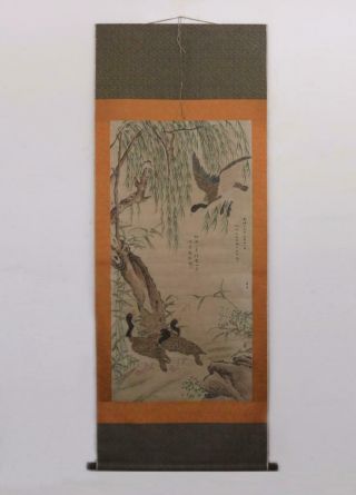 Zhou Chen Signed Old Chinese Hand Painted Calligraphy Scroll W/bird