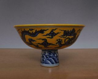 Xuande Signed Antique Chinese Blue & White Porcelain High Bowl w/ Dragon 2