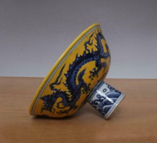 Xuande Signed Antique Chinese Blue & White Porcelain High Bowl w/ Dragon 3