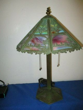 Authentic Bradley & Hubbard 189 Slag Glass Scenic Overlay Lamp 1905 - 1915