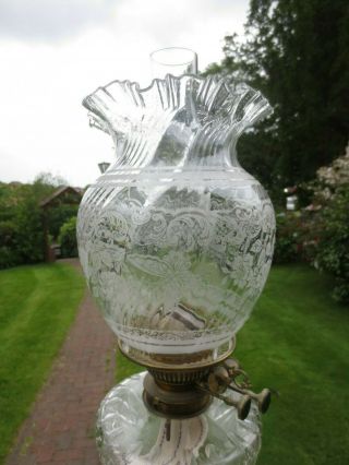 Antique Victorian Acid Etched Parafin Kerosene Oil Lamp Duplex Shade