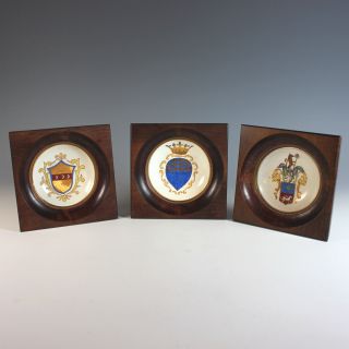 Three Antique Heraldic Miniature Plates Hand Painted And Signed