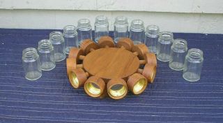 VINTAGE MCM TEAK ROTATING 12 JAR SPICE WHEEL RACK 3