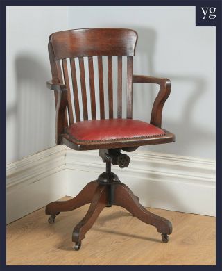 Antique English Edwardian Oak & Red Leather Revolving Office Desk Arm Chair